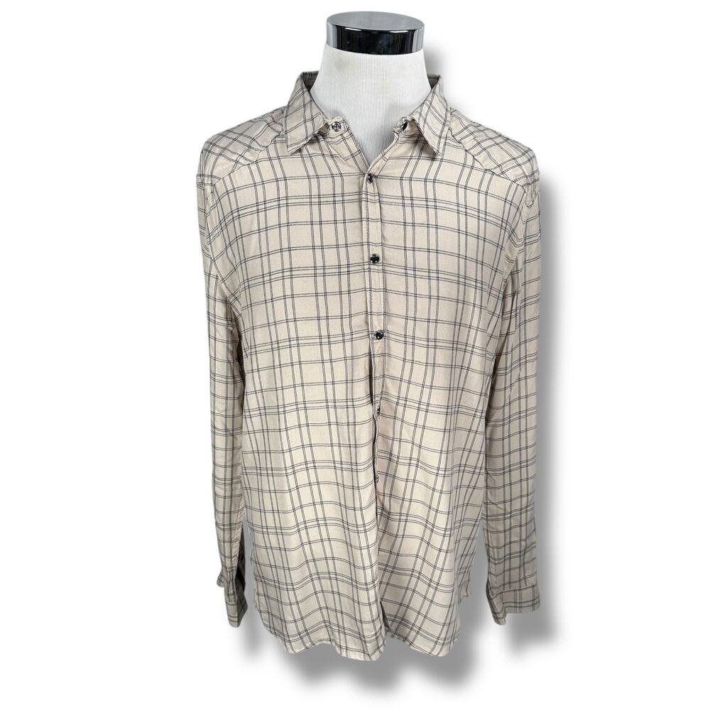 YoungLA Shirt Men’s XL‎ Beige Checked Western Cowboy Cut Pearl Snap Button-Up